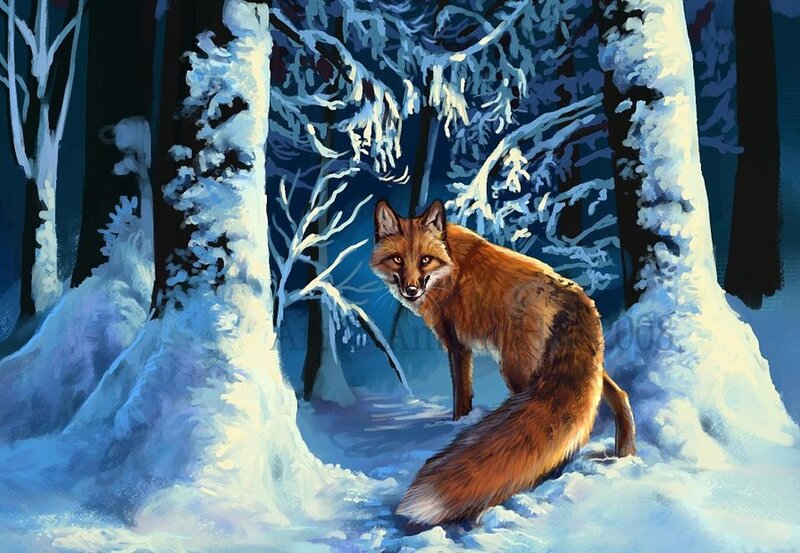 Fox in Snowy Forest — Blue