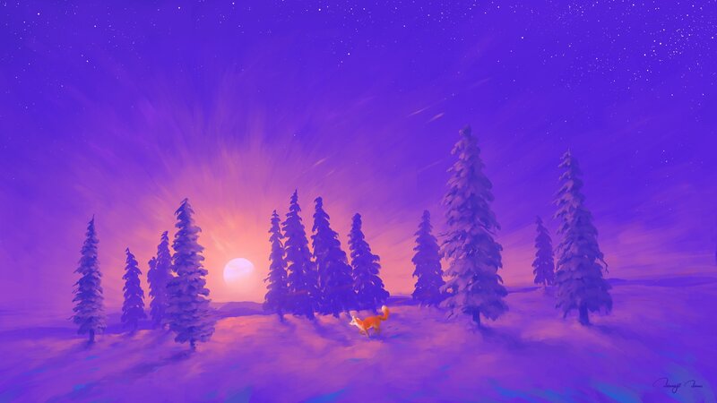 Fox in Snowy Forest — Purple
