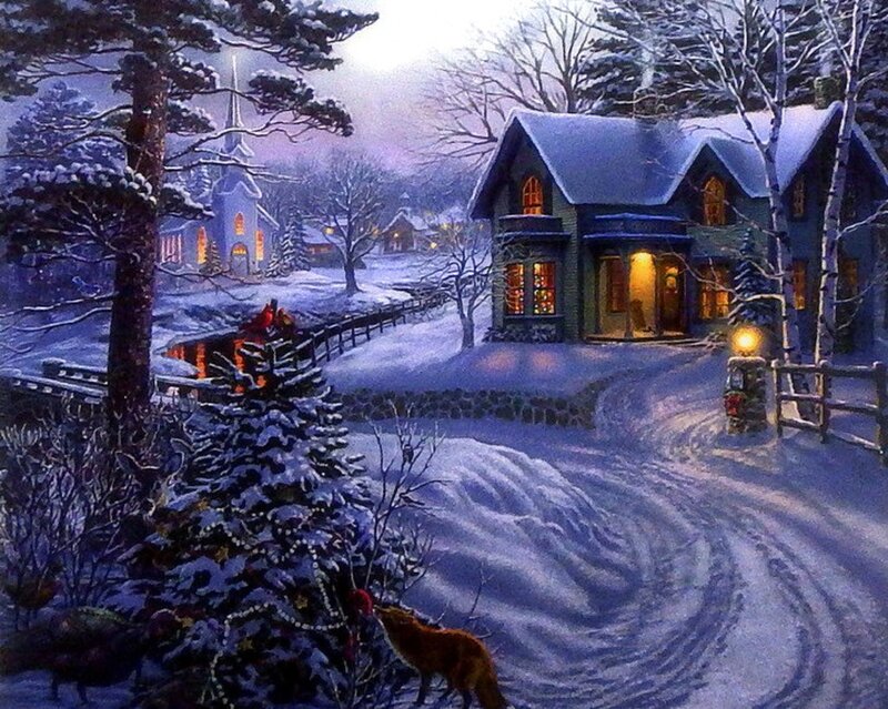 Fox in Snowy Village — Blue