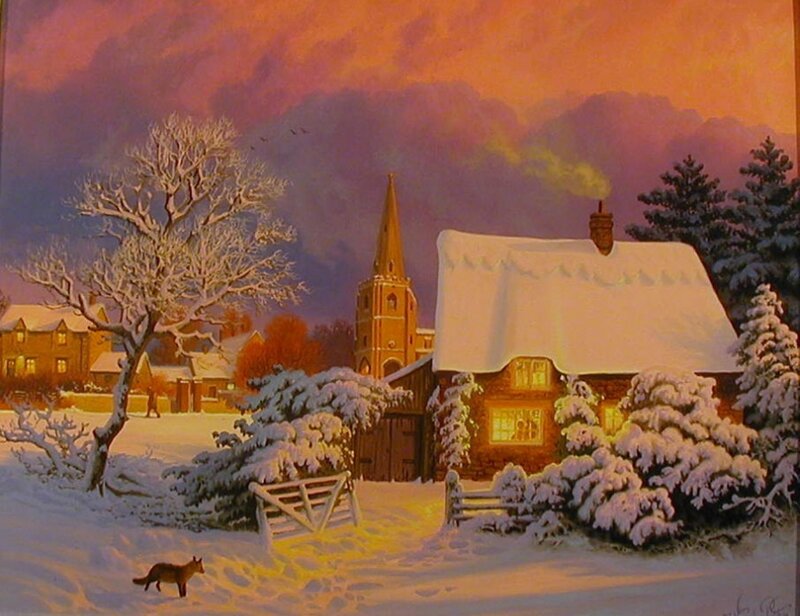 Fox in Snowy Village — White