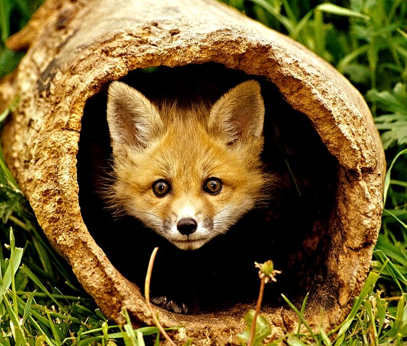 Fox Kit in Log — Brown, Curious