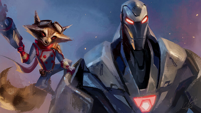 Fox-like Character with Robot — Blue