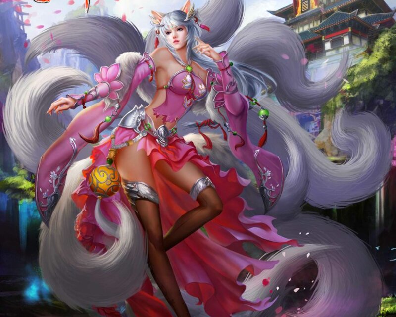 Fox-like Woman with Tails — Pink, Dramatic