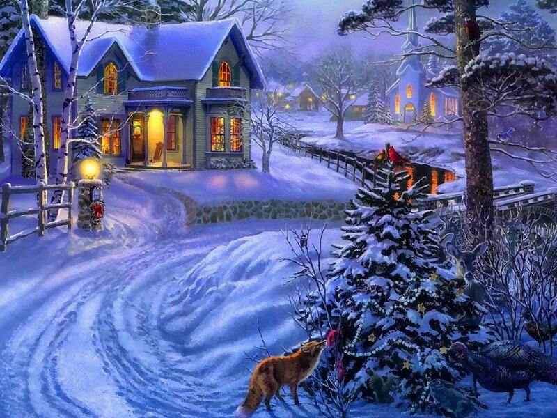 Fox Near Decorated Tree — Blue, Peaceful