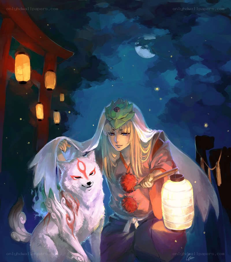 Fox spirit and lantern at night