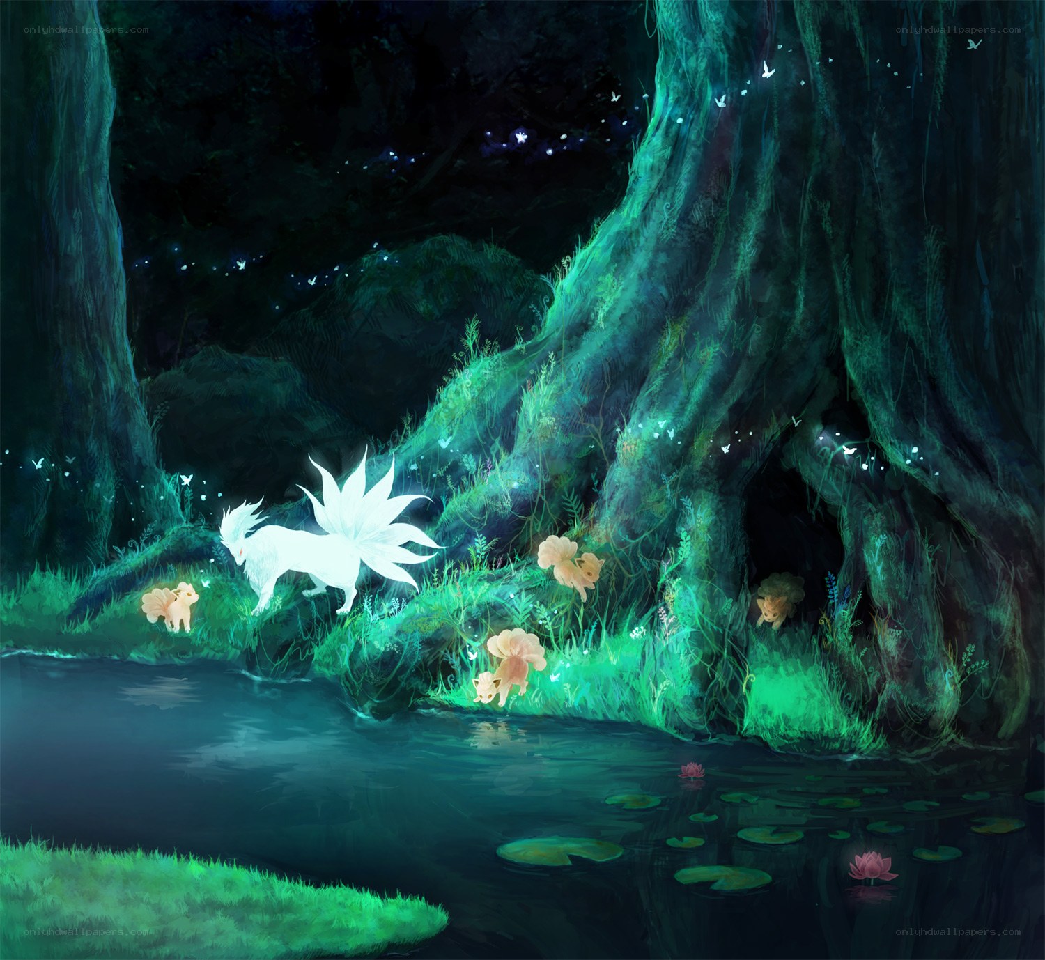 Fox spirits in a moonlit forest