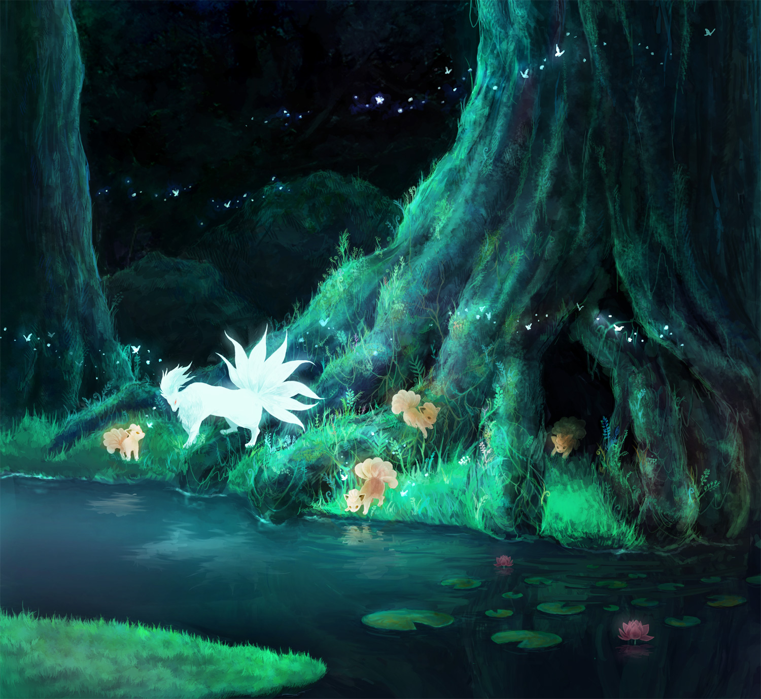Fox spirits in a moonlit forest