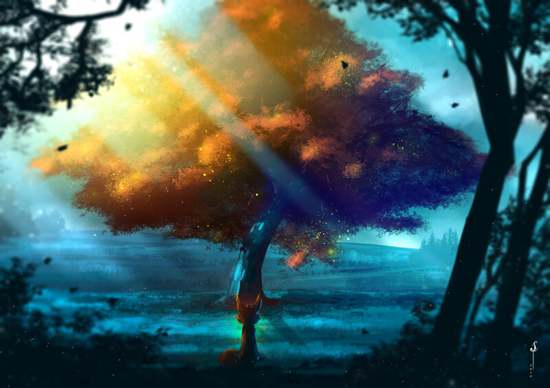 Fox under a Tree — Blue