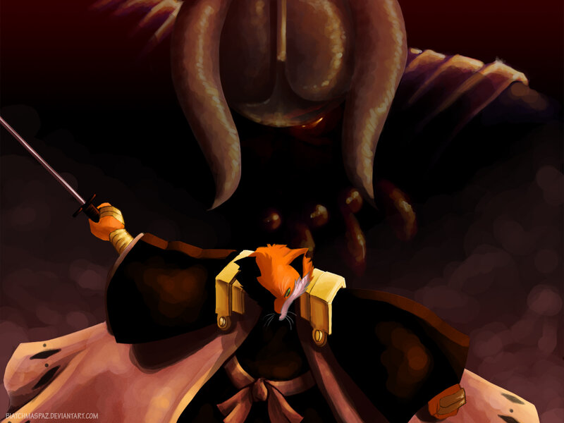 fox warrior facing giant