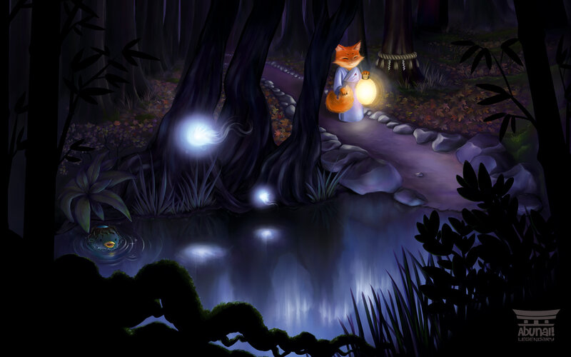Fox with lantern in forest