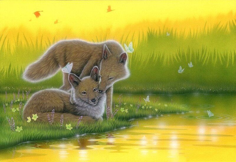 Foxes by a Pond