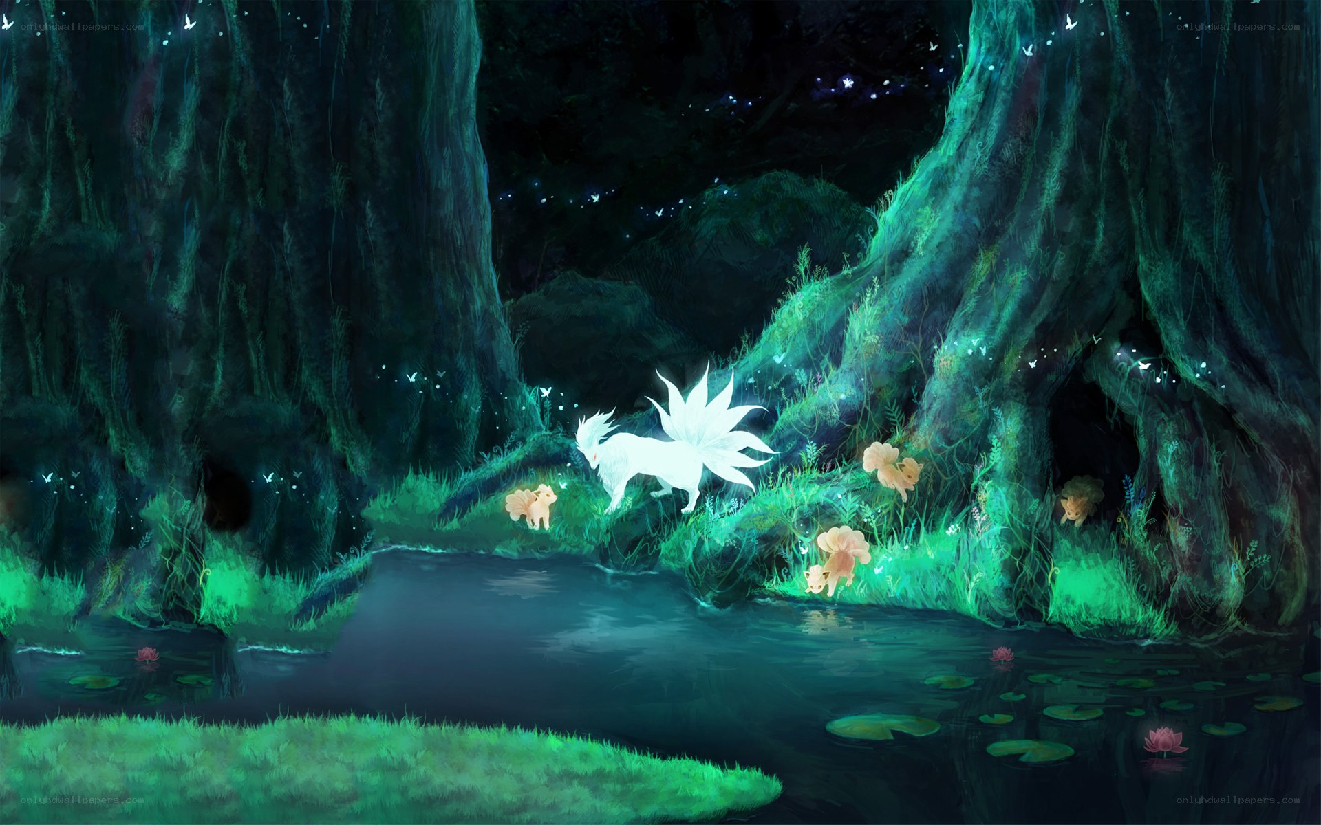 Foxes in a glowing forest