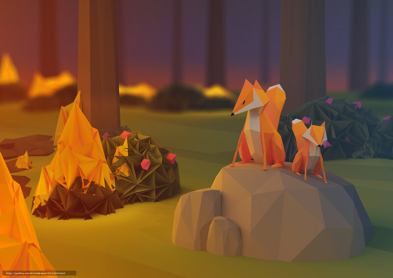 Foxes in a low-poly forest