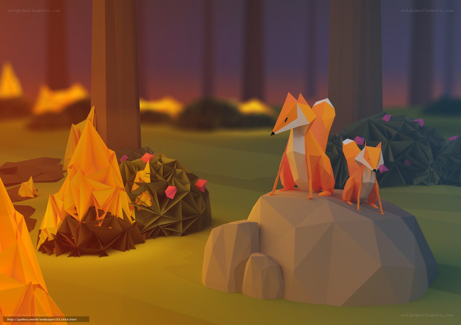 Foxes in a low-poly forest
