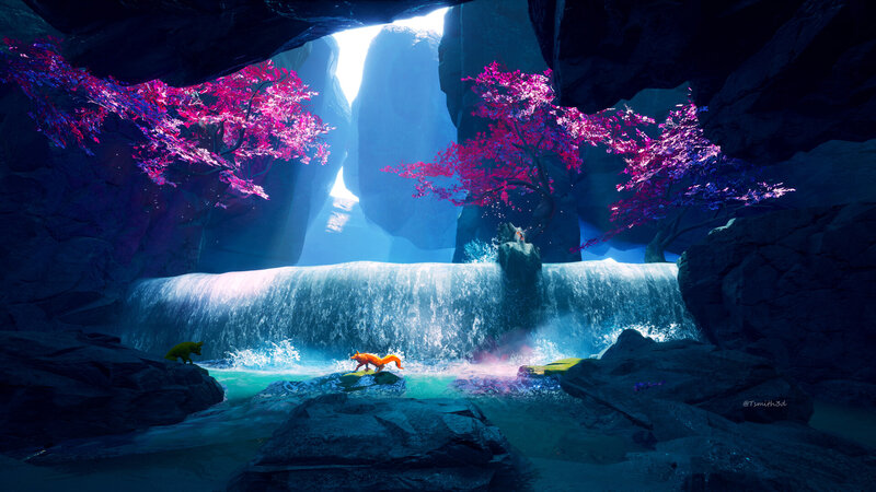 Foxes Near Waterfall — Blue