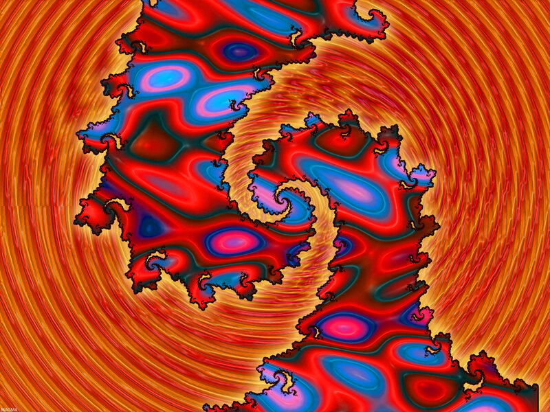 Fractal art with red and blue swirls