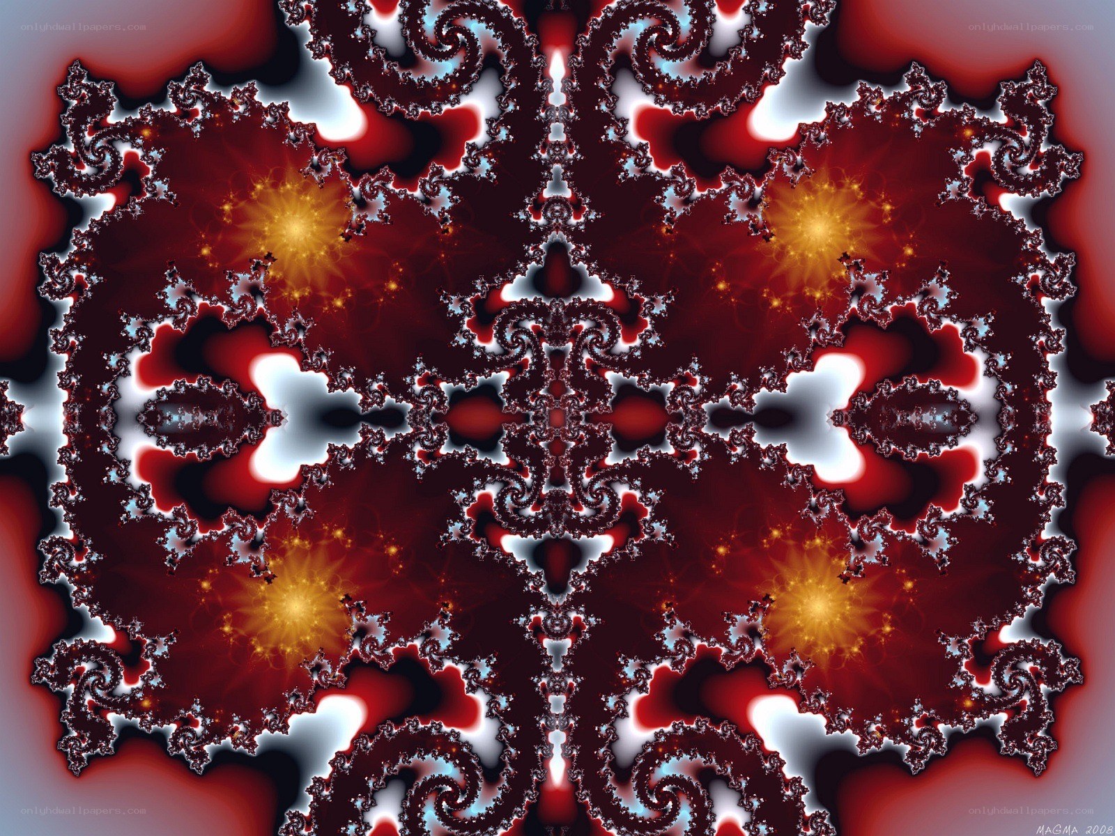 Fractal art with red and gold patterns