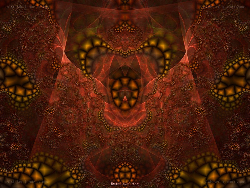 Fractal art with red and gold patterns
