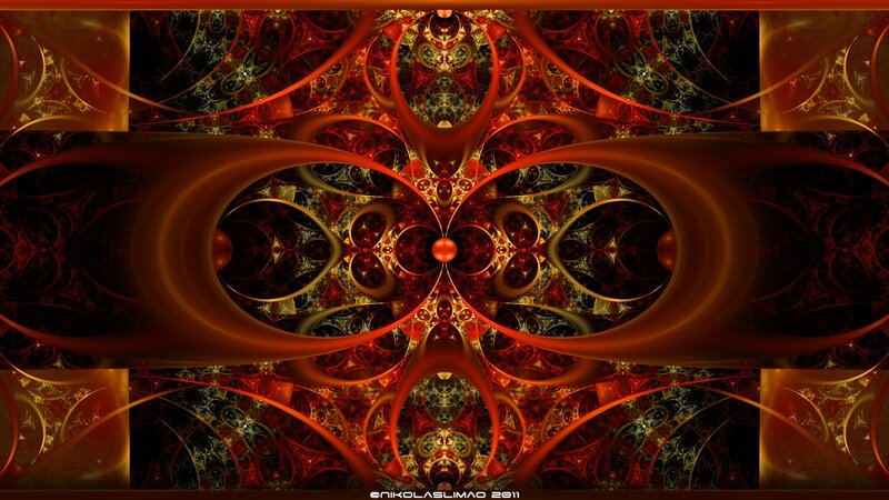 Fractal art with red and gold patterns