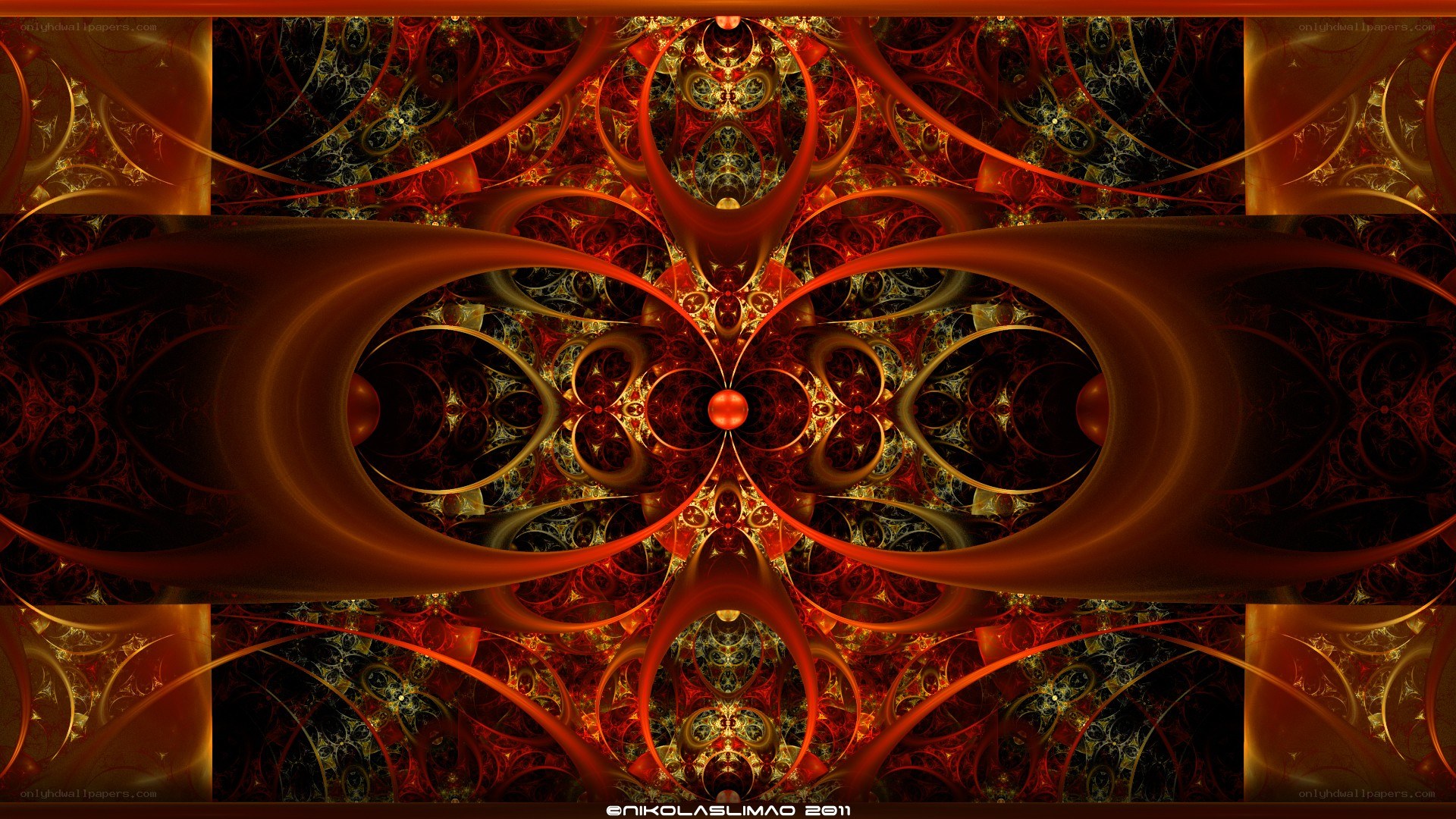 Fractal art with red and gold patterns