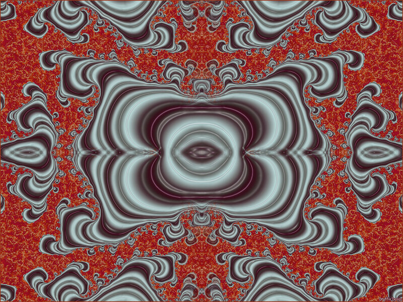 Fractal art with red and silver patterns