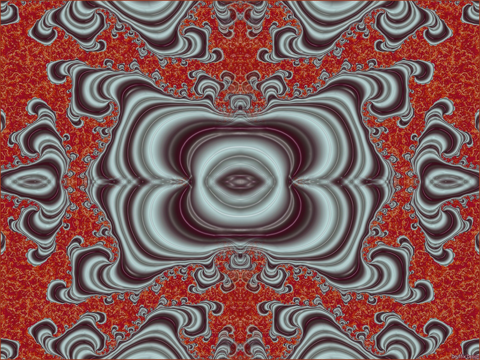 Fractal art with red and silver patterns