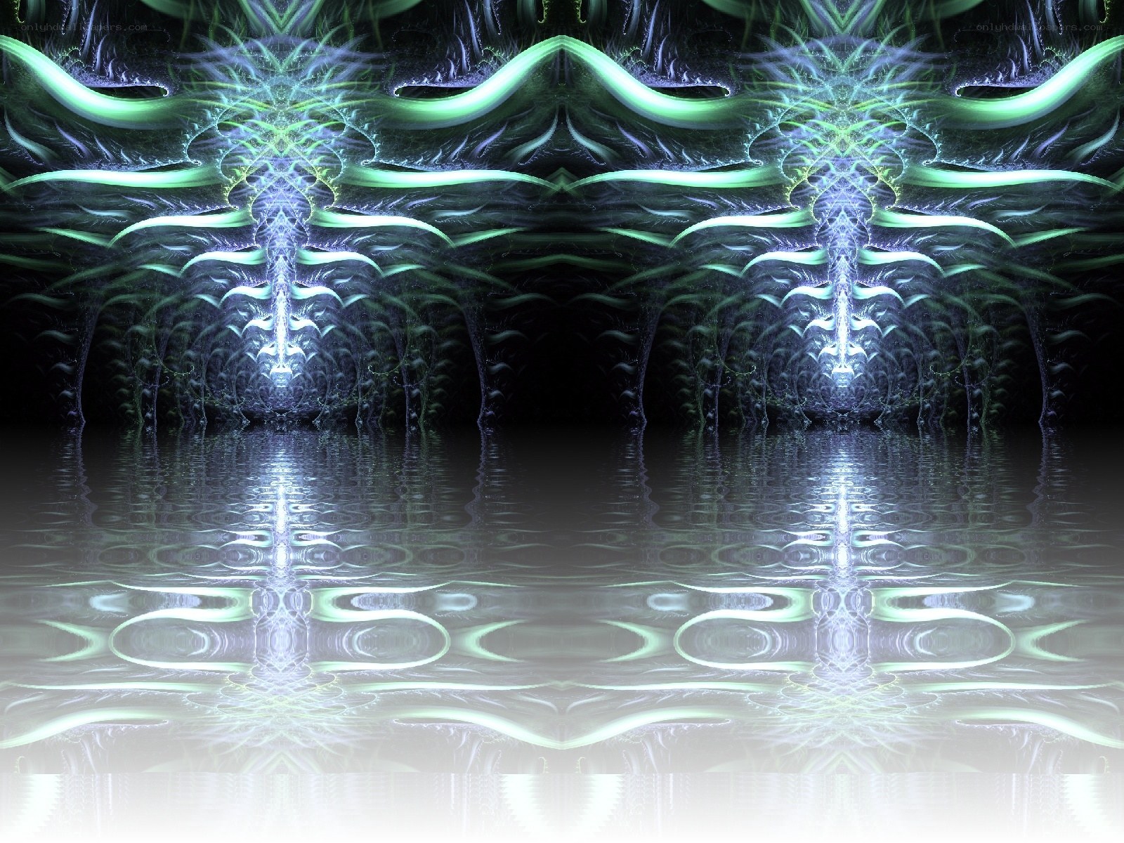 fractal cave with water reflection