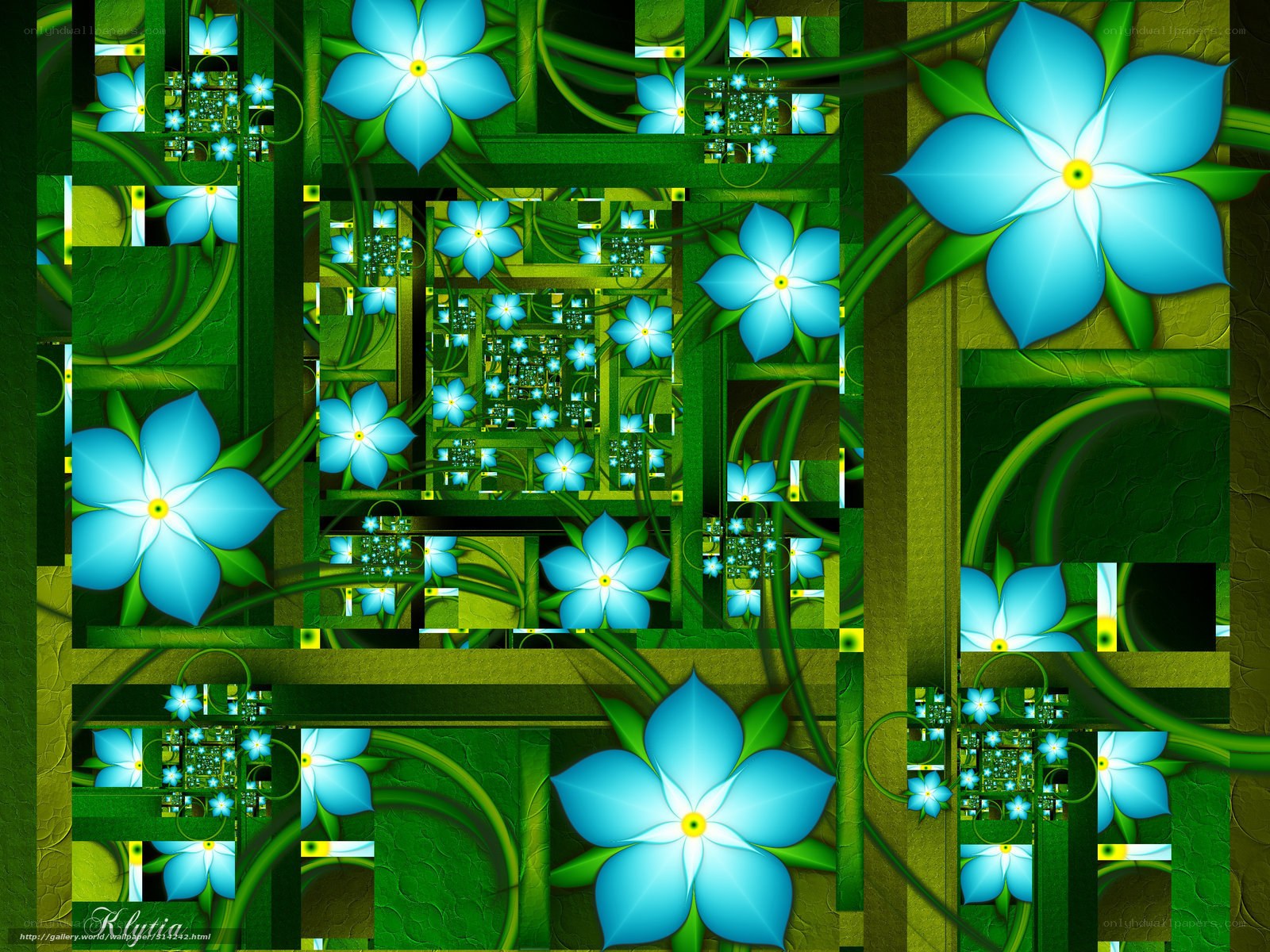 Fractal floral pattern with blue flowers