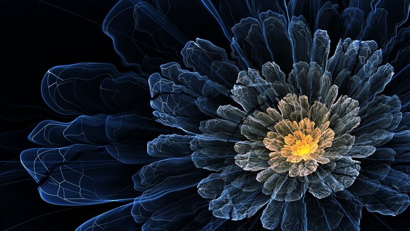 Fractal Flower Bloom — Blue, Dramatic, Digital Art, Petals