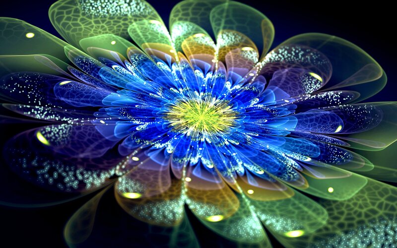 Fractal Flower Bloom — Blue, Ethereal, Night, Digital Art