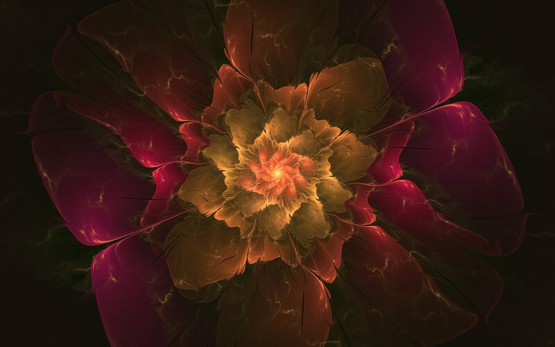 Fractal Flower Bloom — Purple, Dramatic, Digital Art, Petals, Center, Light