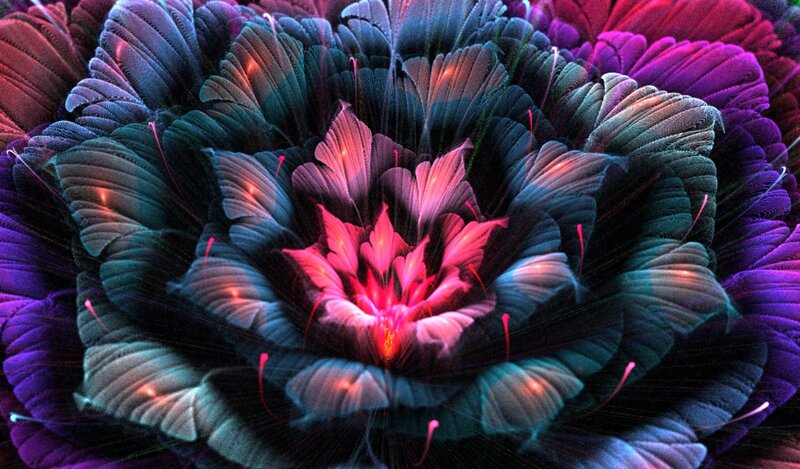 Fractal Flower Bloom — Purple, Vibrant, Digital Art, Petals, Center