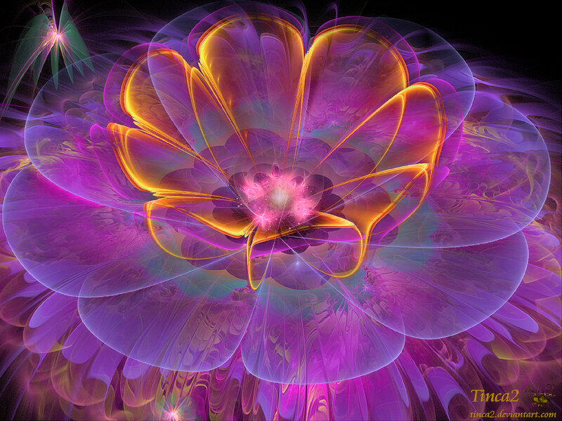 Fractal Flower Bloom — Purple, Vibrant, Digital Art, Petals, Light Rays, Glow