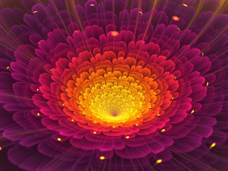 Fractal Flower Bloom — Purple, Vibrant, Digital Art, Petals, Light Rays