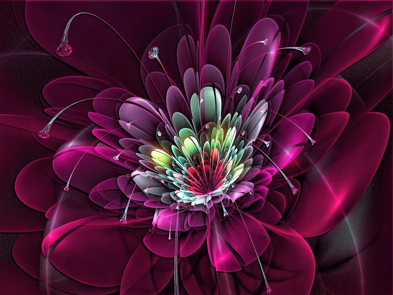 Fractal Flower Bloom — Purple, Vibrant, Digital Art, Petals, Stamen