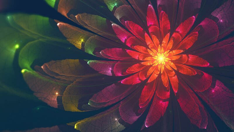 Fractal Flower Bloom — Red, Dramatic, Digital Art, Petals, Light