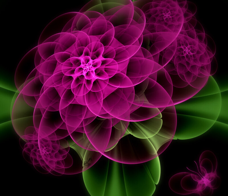 Fractal Flower Design — Purple, Dramatic, Digital Art, Green Leaves