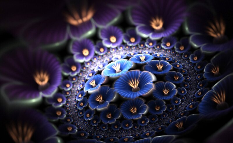 Fractal Flower Pattern — Blue, Hypnotic, Digital Art, Flowers, Spiral