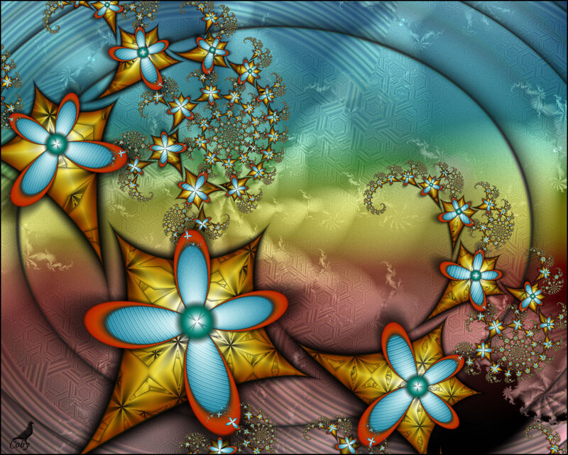 Fractal Flower Pattern — Blue, Hypnotic, Digital Art, Flowers, Stars