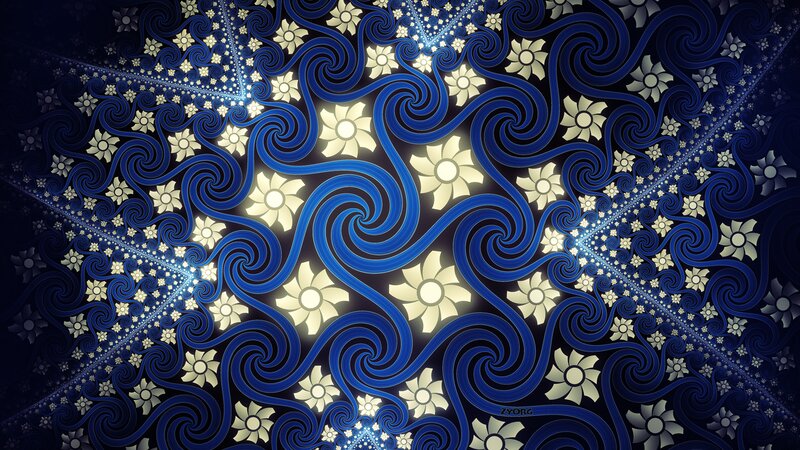 Fractal Flower Pattern — Blue, Hypnotic, Digital Art, Flowers, Swirls