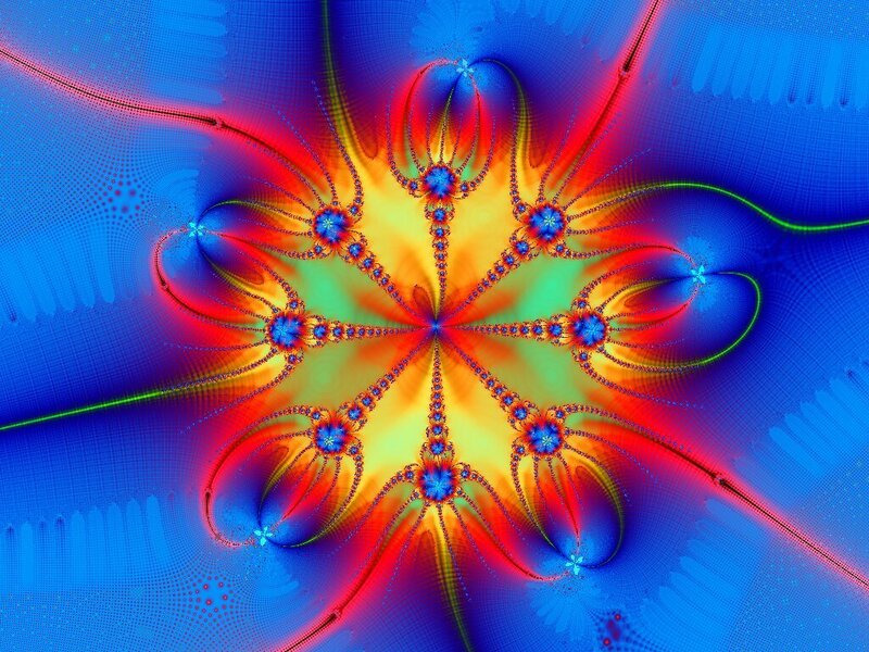 Fractal Flower Pattern — Blue, Vibrant, Digital Art, Flowers, Spiral, Rays