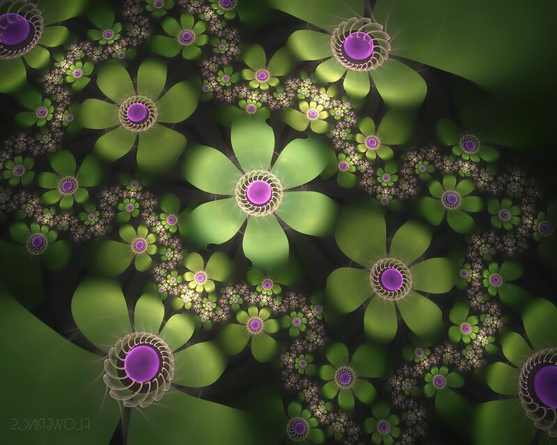 Fractal Flower Pattern — Green, Hypnotic, Digital Art, Flowers, Green Leaves, Purple Centers, Purple