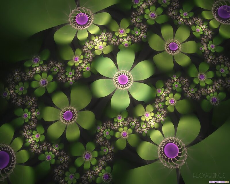 Fractal Flower Pattern — Green, Hypnotic, Digital Art, Flowers, Purple Centers, Green Petals