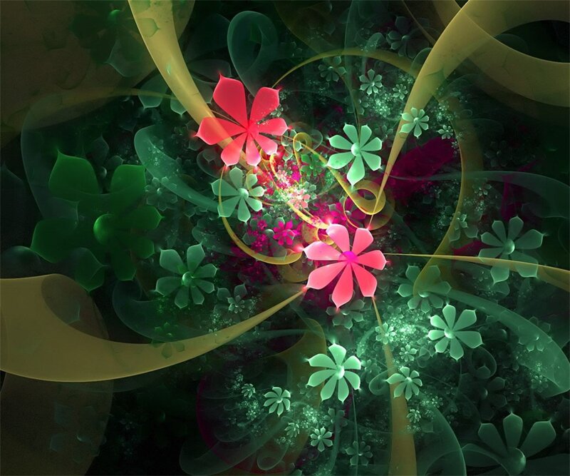 Fractal Flower Pattern — Green, Hypnotic, Digital Art, Flowers, Spirals