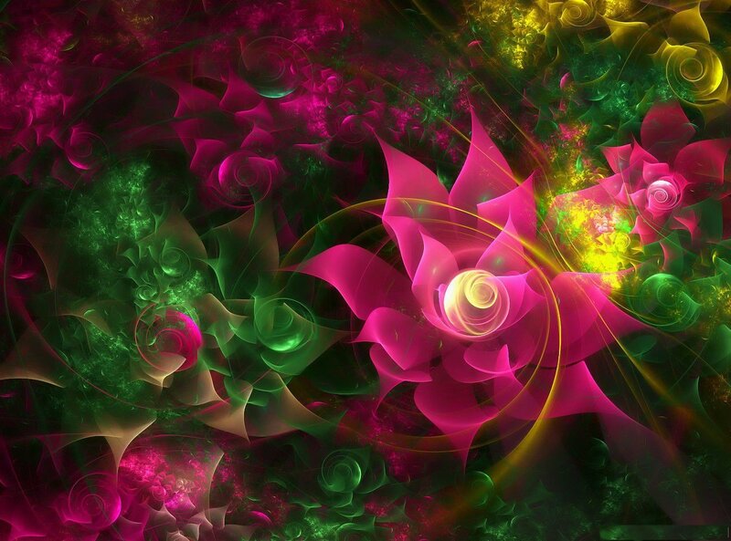 Fractal Flower Pattern — Pink, Vibrant, Digital Art, Flowers, Spirals, Light Beams