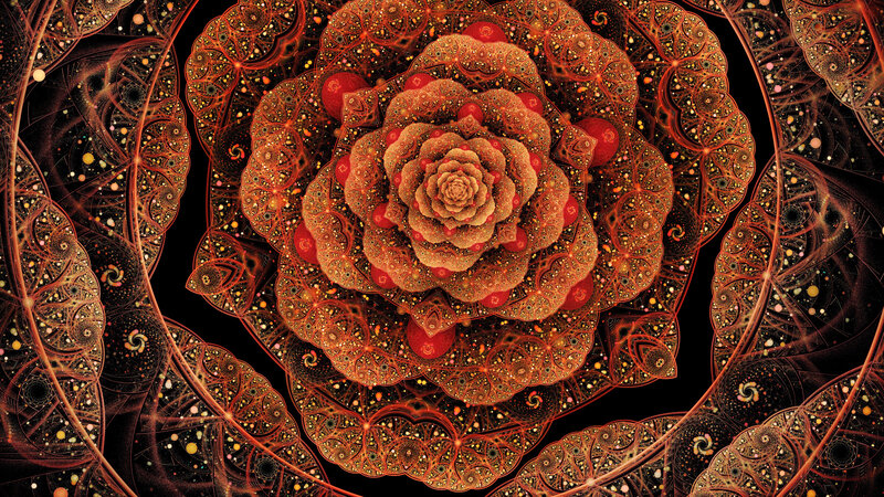 Fractal Flower Pattern — Red, Hypnotic, Digital Art, Spiral, Petals