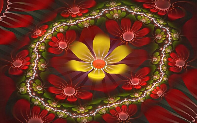 Fractal Flower Pattern — Red, Vibrant, Digital Art, Flowers, Circle, Light