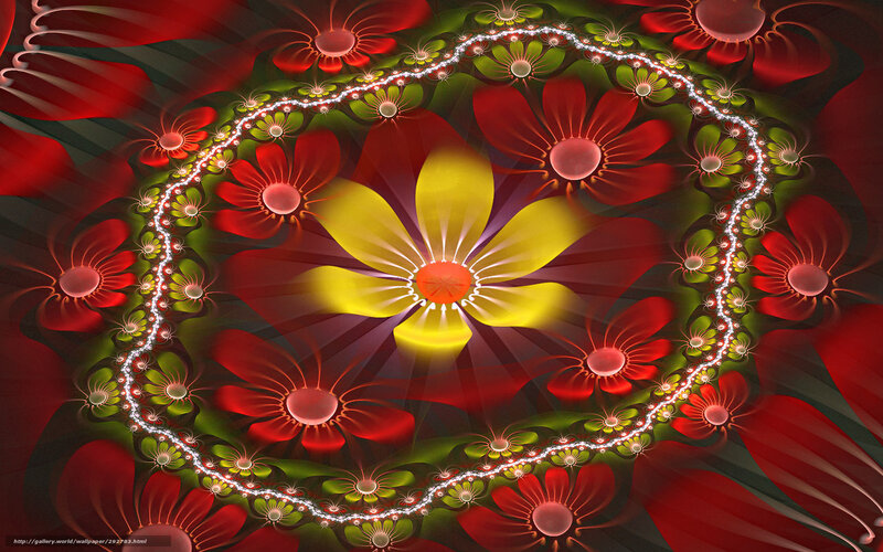 Fractal Flower Pattern — Red, Vibrant, Digital Art, Flowers, Light Rays
