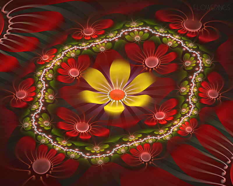 Fractal Flower Pattern — Red, Vibrant, Digital Art, Flowers, Yellow Center, Green Ring