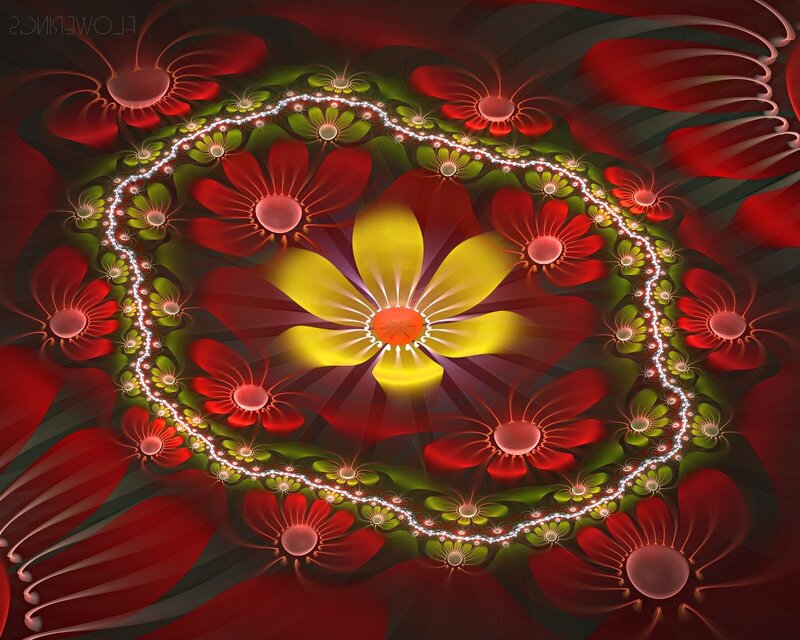 Fractal Flower Pattern — Red, Vibrant, Digital Art, Flowers, Yellow Center